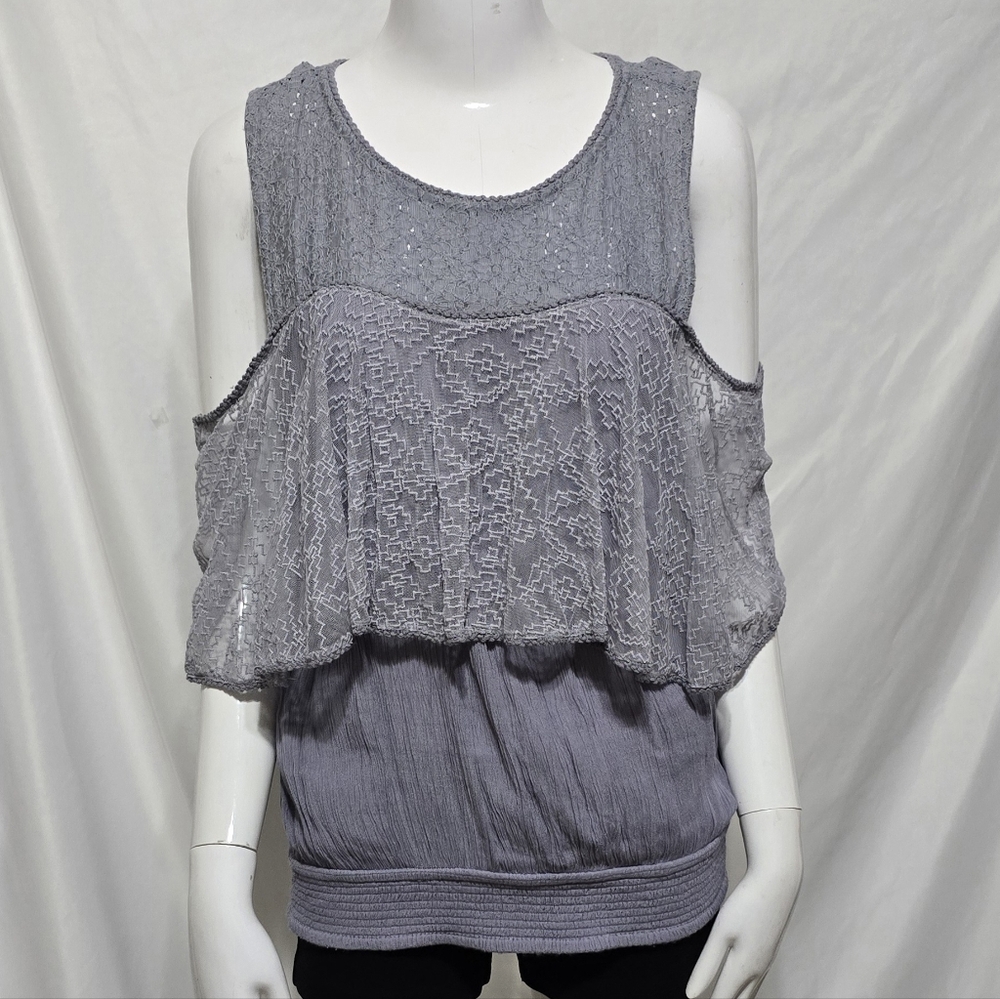 Free People Purple Lace Cold Shoulder Ruffle Smocked Top Size Medium